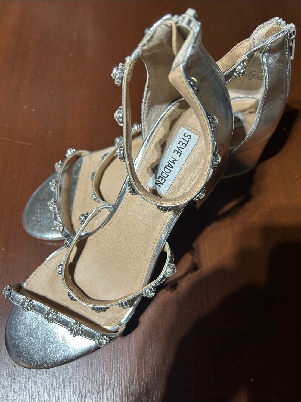 Steve Madden Silver Jewel-Strap Block Heel Sandals